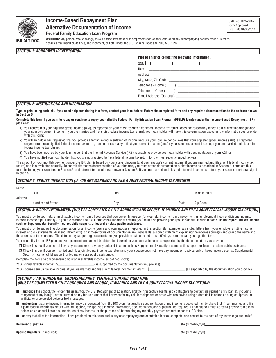 Income-Based Repayment Plan Alternative Documentation of Income, Page 1