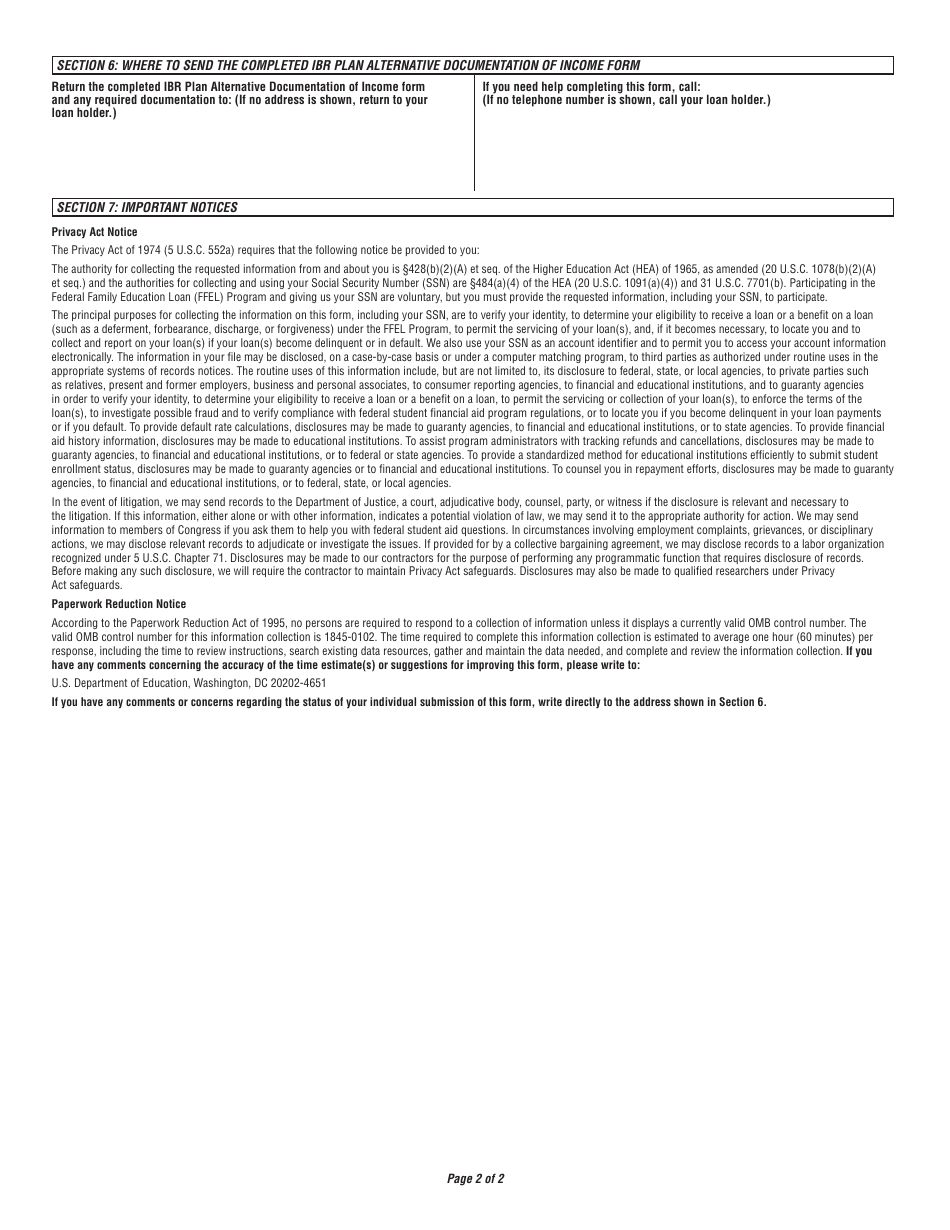 Income-Based Repayment Plan Alternative Documentation of Income, Page 2