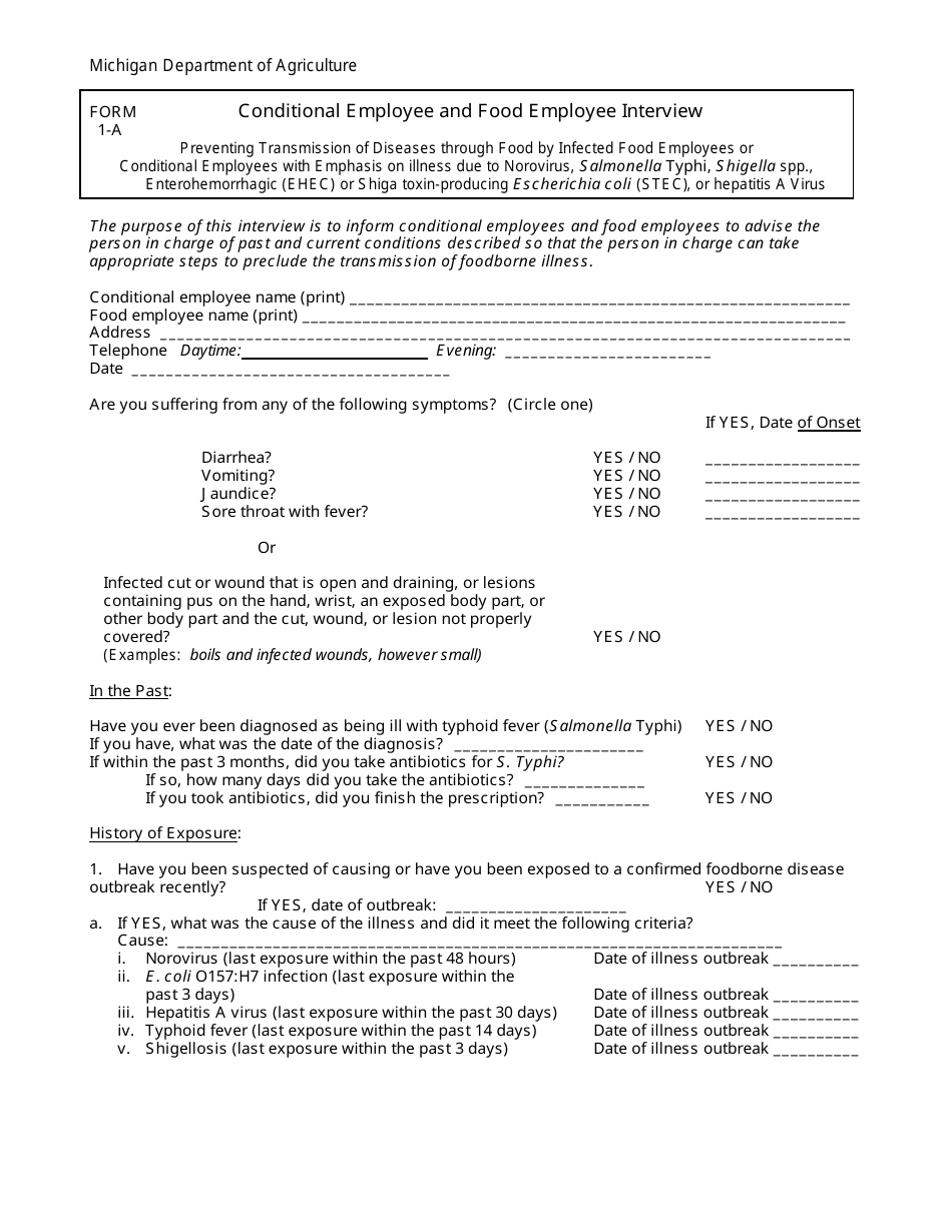 Form 1-A Conditional Employee and Food Employee Interview - Michigan, Page 1