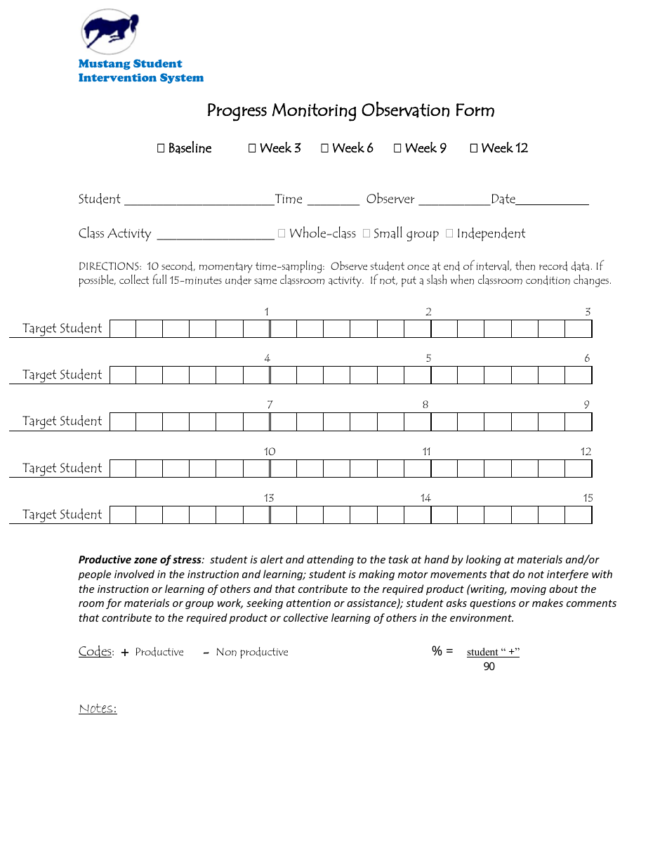 Progress Monitoring Observation Form - Mustang Student Intervention System, Page 1