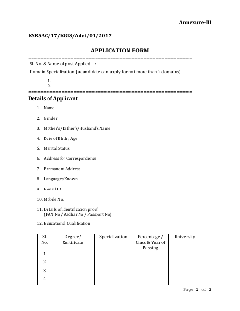 Annexure III Application Form - Karnataka, India