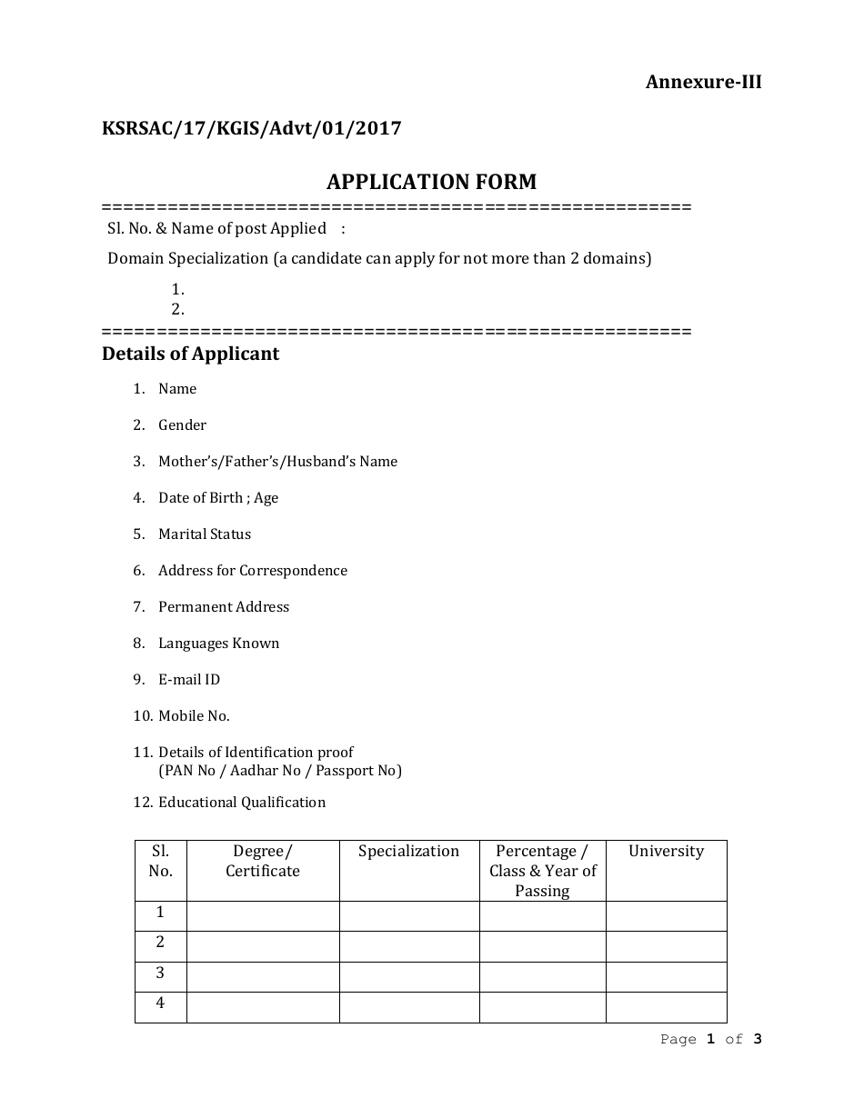 Annexure III Application Form - Karnataka, India, Page 1