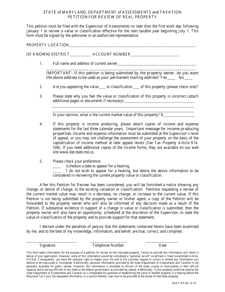 Form RP Petition for Review of Real Property - Maryland, Page 1