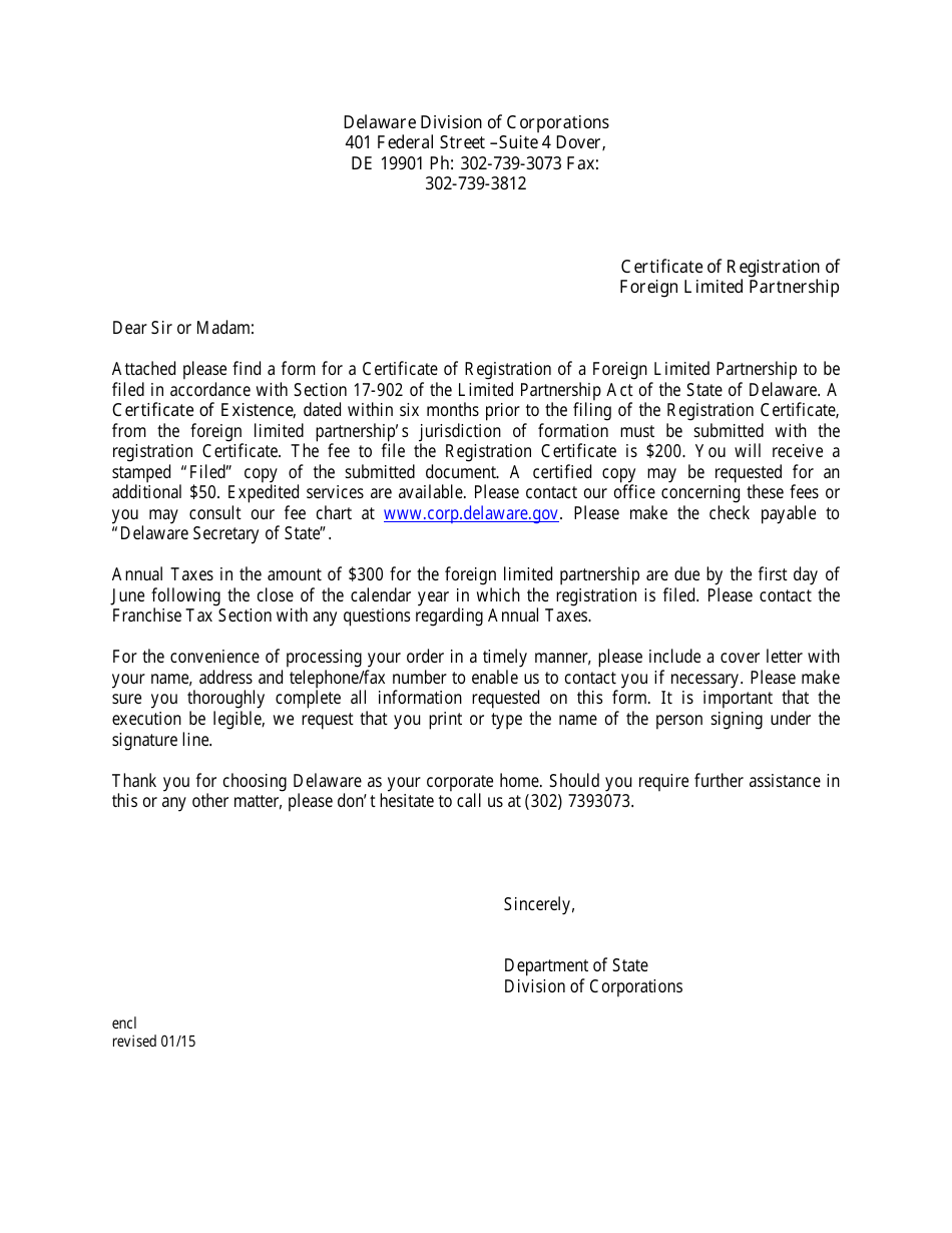 Certificate of Registration of a Foreign Limited Partnership - Delaware, Page 1