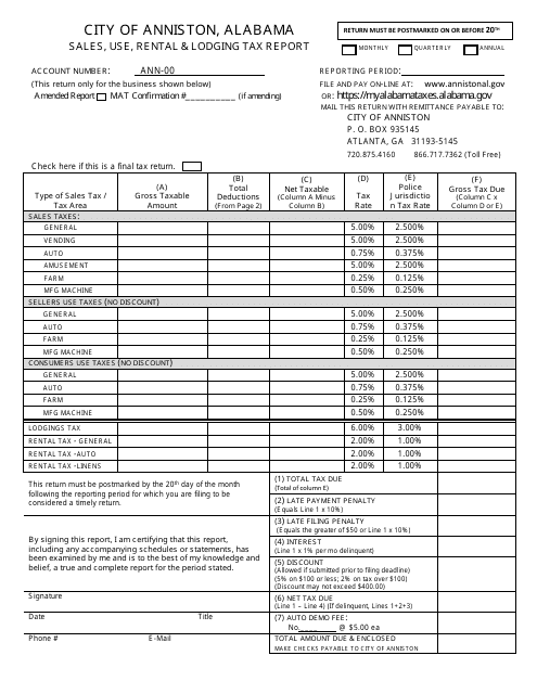 &quot;Sales, Use, Rental &amp; Lodging Tax Report Form&quot; - City of Anniston, Alabama Download Pdf