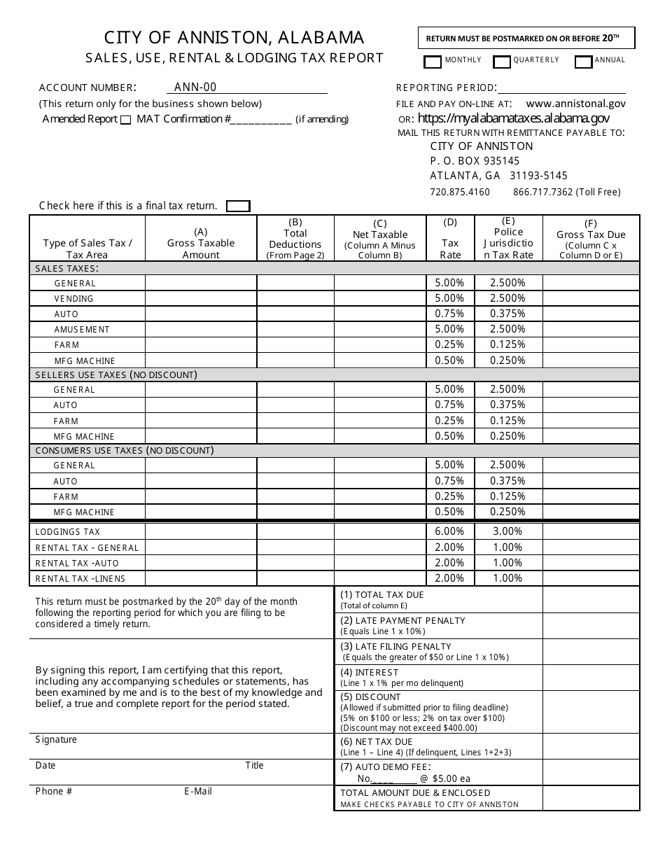 City of Anniston, Alabama Sales, Use, Rental & Lodging Tax Report Form ...