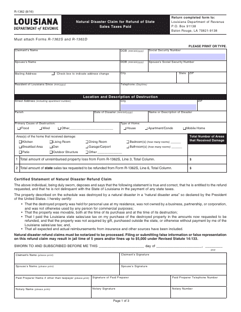 Form R-1362 Natural Disaster Claim for Refund of State Sales Taxes Paid - Louisiana