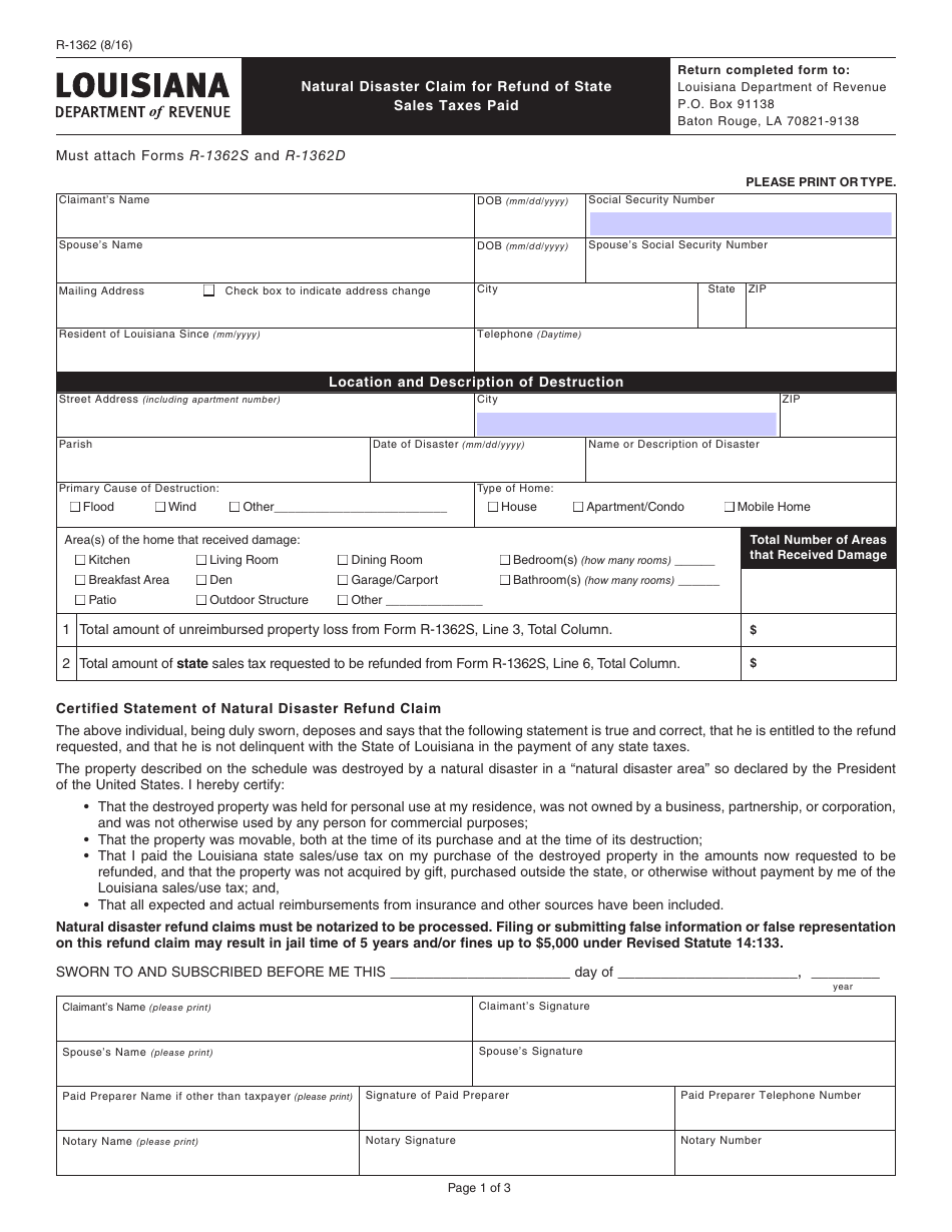Form R-1362 Natural Disaster Claim for Refund of State Sales Taxes Paid - Louisiana, Page 1