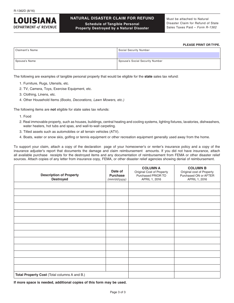 Form R-1362 Natural Disaster Claim for Refund of State Sales Taxes Paid - Louisiana, Page 3