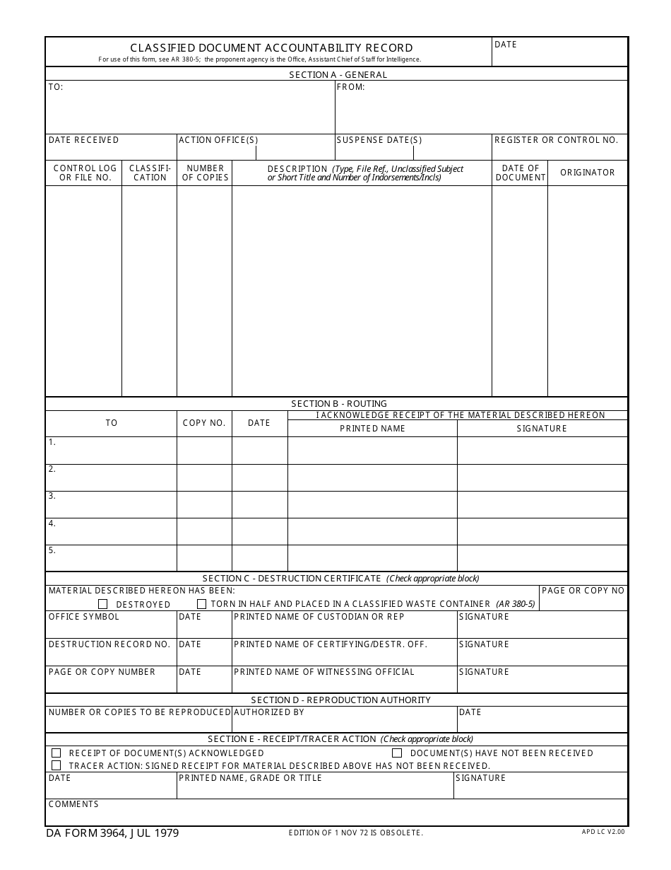 DA Form 3964 Classified Document Accountability Record, Page 1