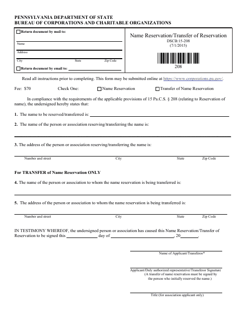 Form DSCB:15-208 Name Reservation/Transfer of Reservation - Pennsylvania