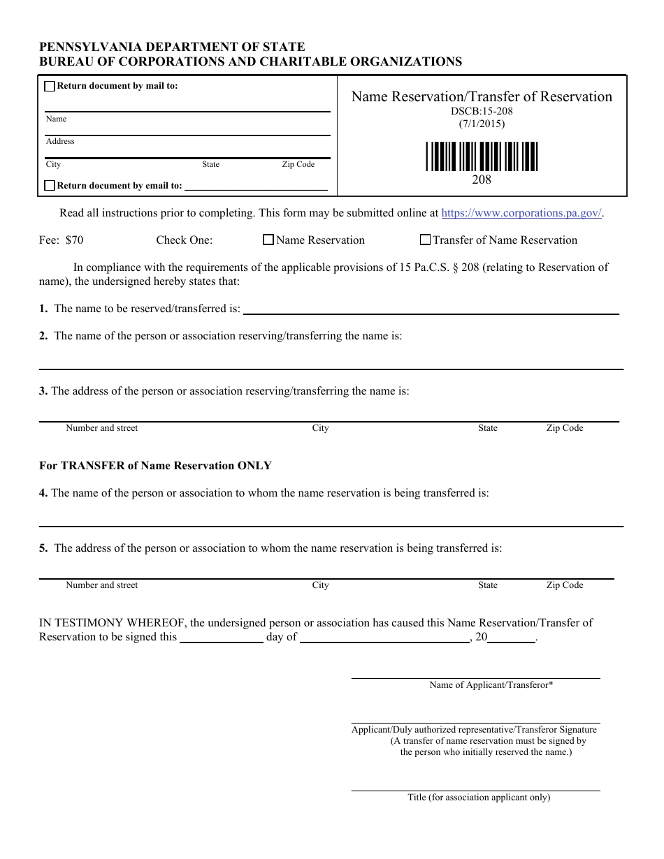 Form DSCB:15-208 Name Reservation / Transfer of Reservation - Pennsylvania, Page 1