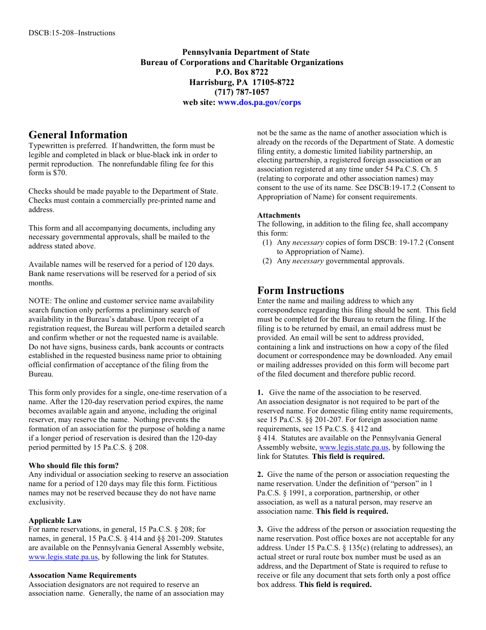 Form DSCB:15-208 Name Reservation / Transfer of Reservation - Pennsylvania, Page 2