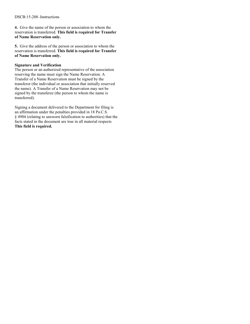Form DSCB:15-208 Name Reservation / Transfer of Reservation - Pennsylvania, Page 3