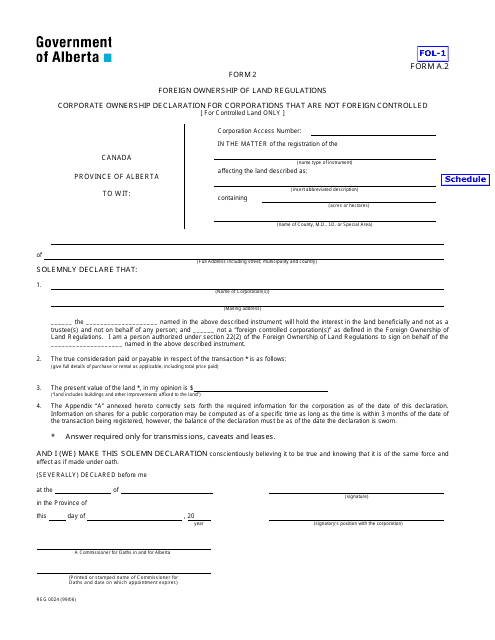 Form A.2 Foreign Ownership of Land Regulations - Alberta, Canada