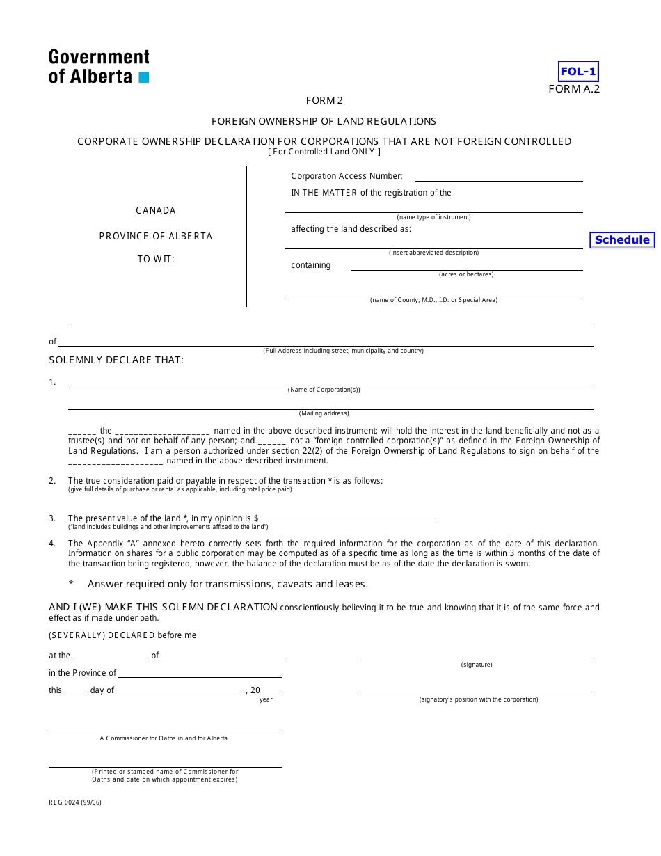 Form A.2 Foreign Ownership of Land Regulations - Alberta, Canada, Page 1
