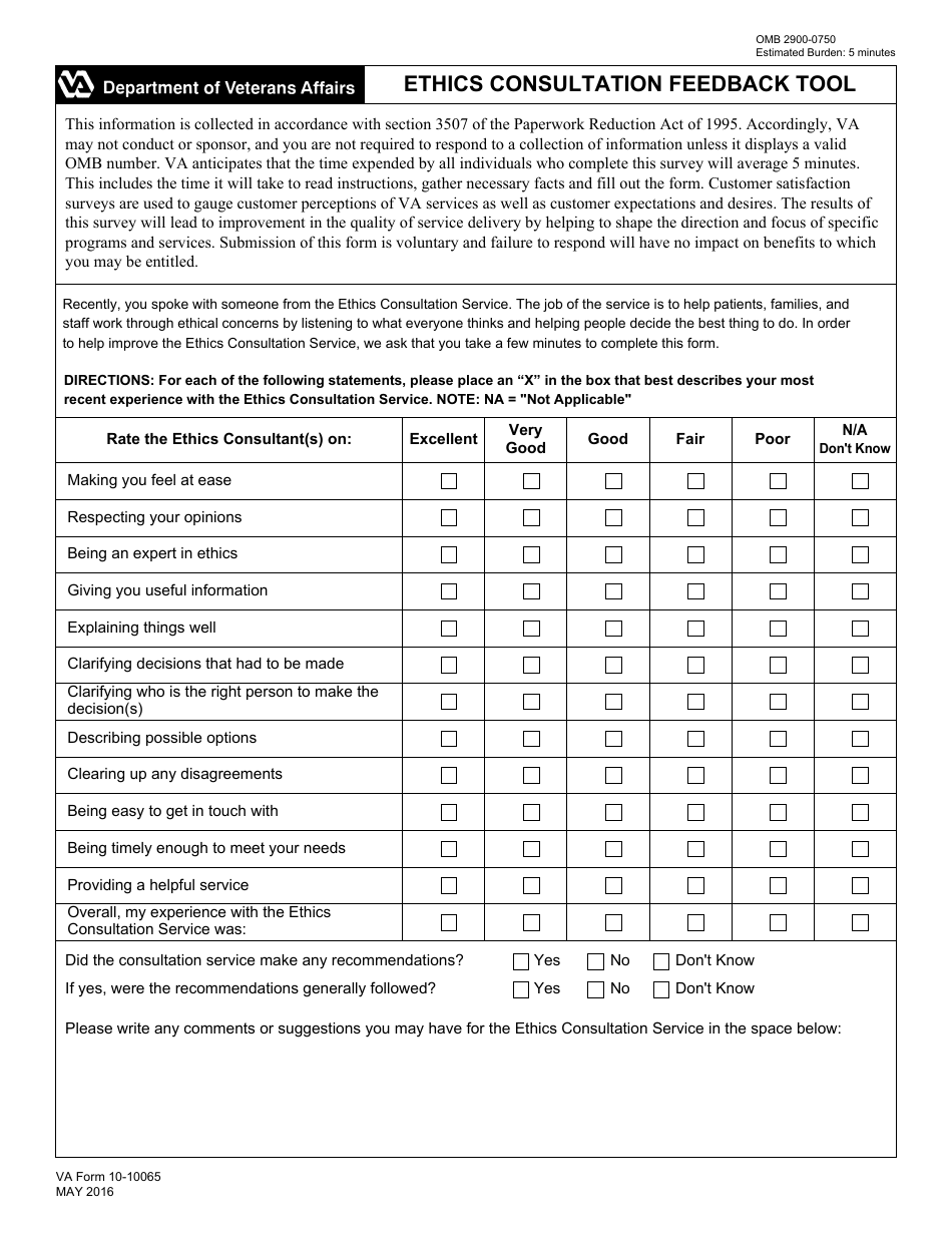 VA Form 10-10065 Ethics Consultation Feedback Tool, Page 1