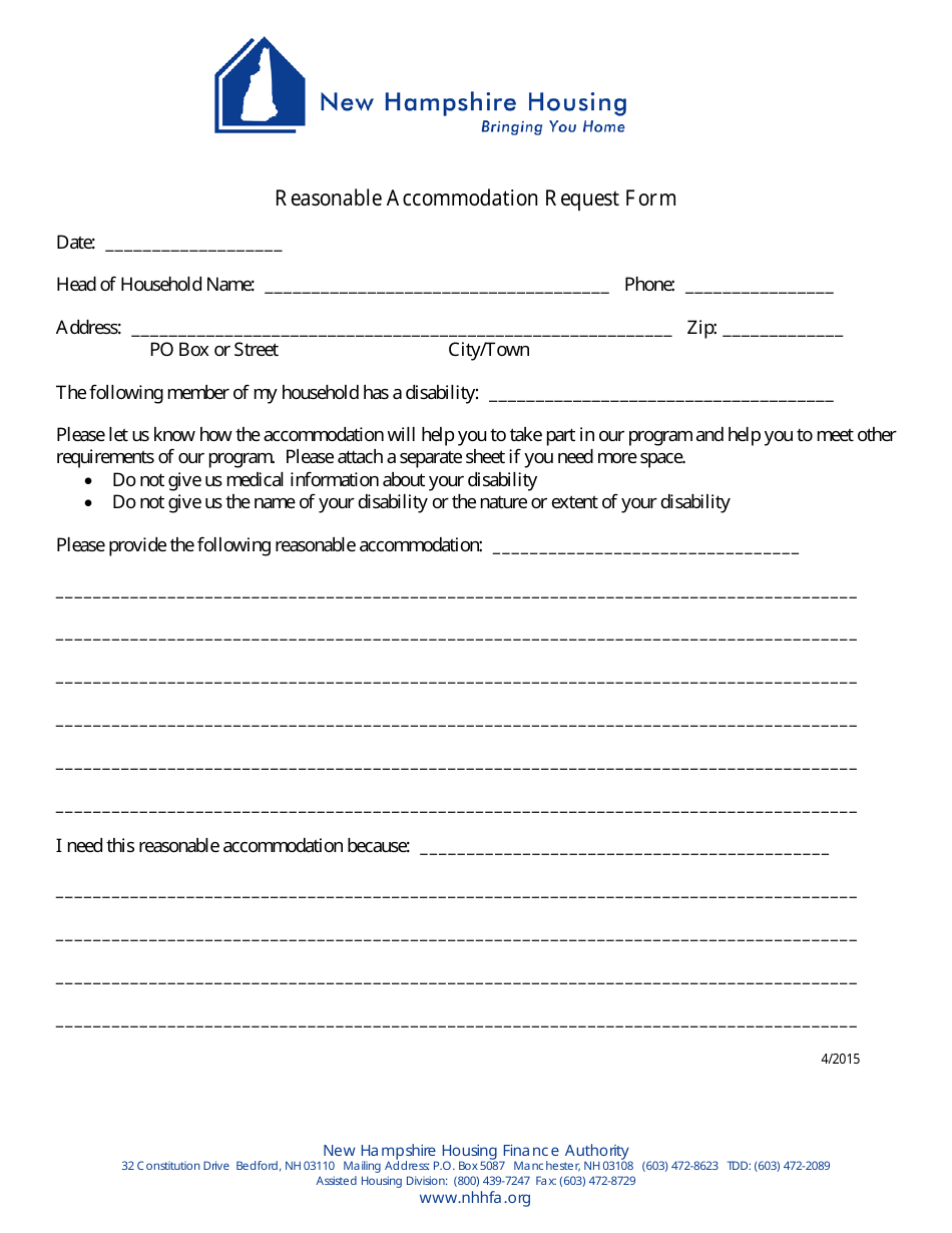 Reasonable Accommodation Request Form - New Hampshire Housing Finance Authority, Page 1