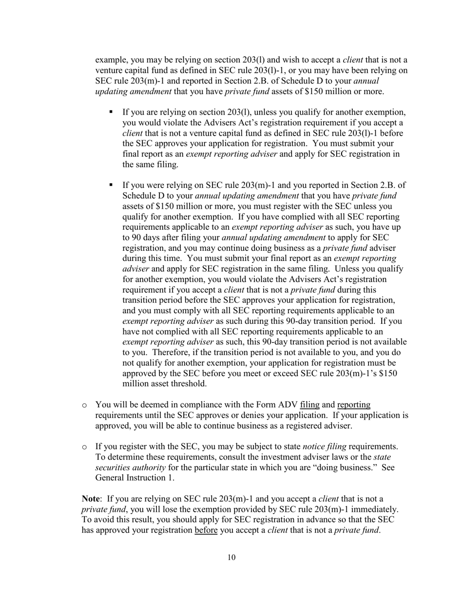 Instructions for SEC Form 1707, ADV Uniform Application for Investment Adviser Registration and Report Form by Exempt Reporting Advisers, Page 10