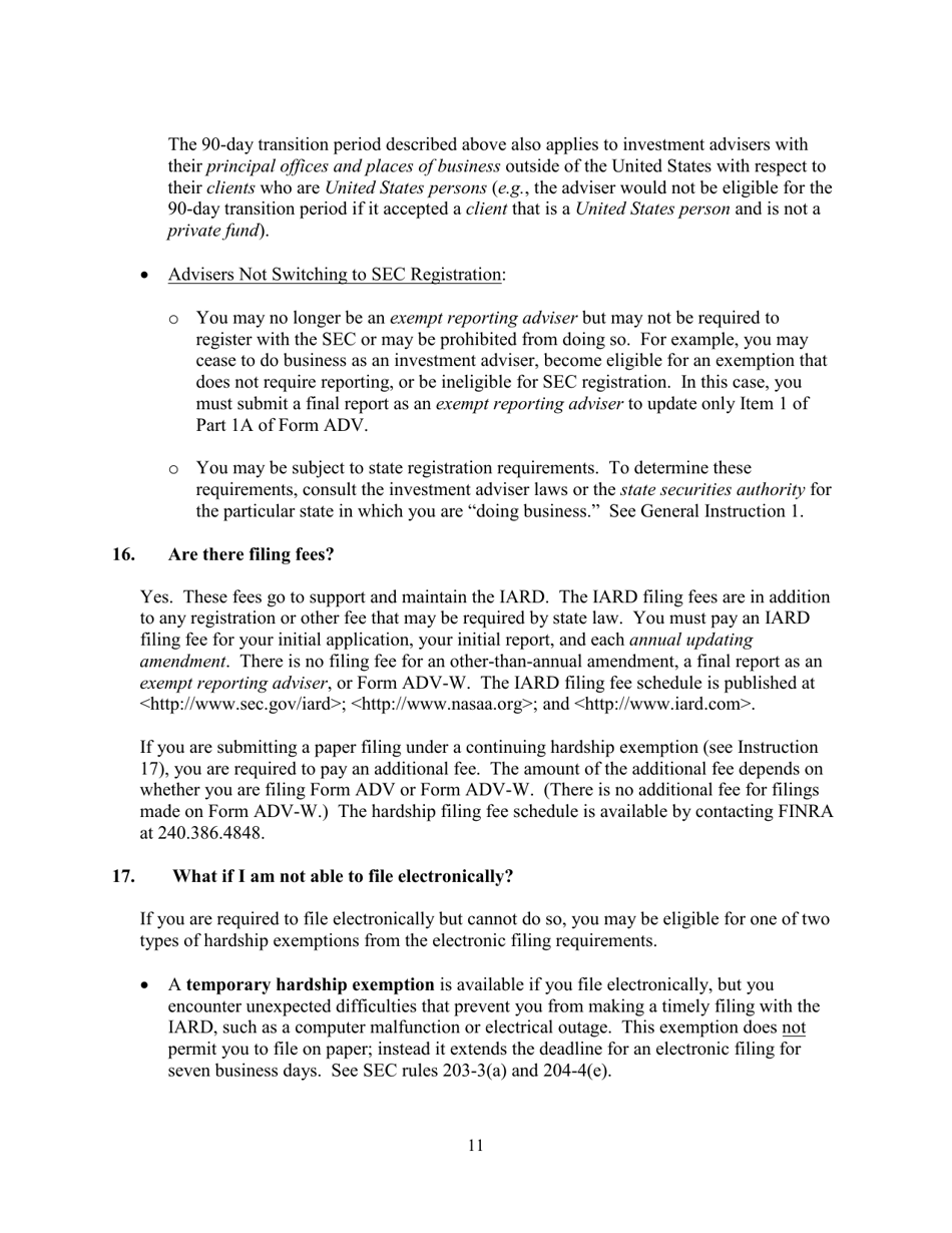 Instructions for SEC Form 1707, ADV Uniform Application for Investment Adviser Registration and Report Form by Exempt Reporting Advisers, Page 11