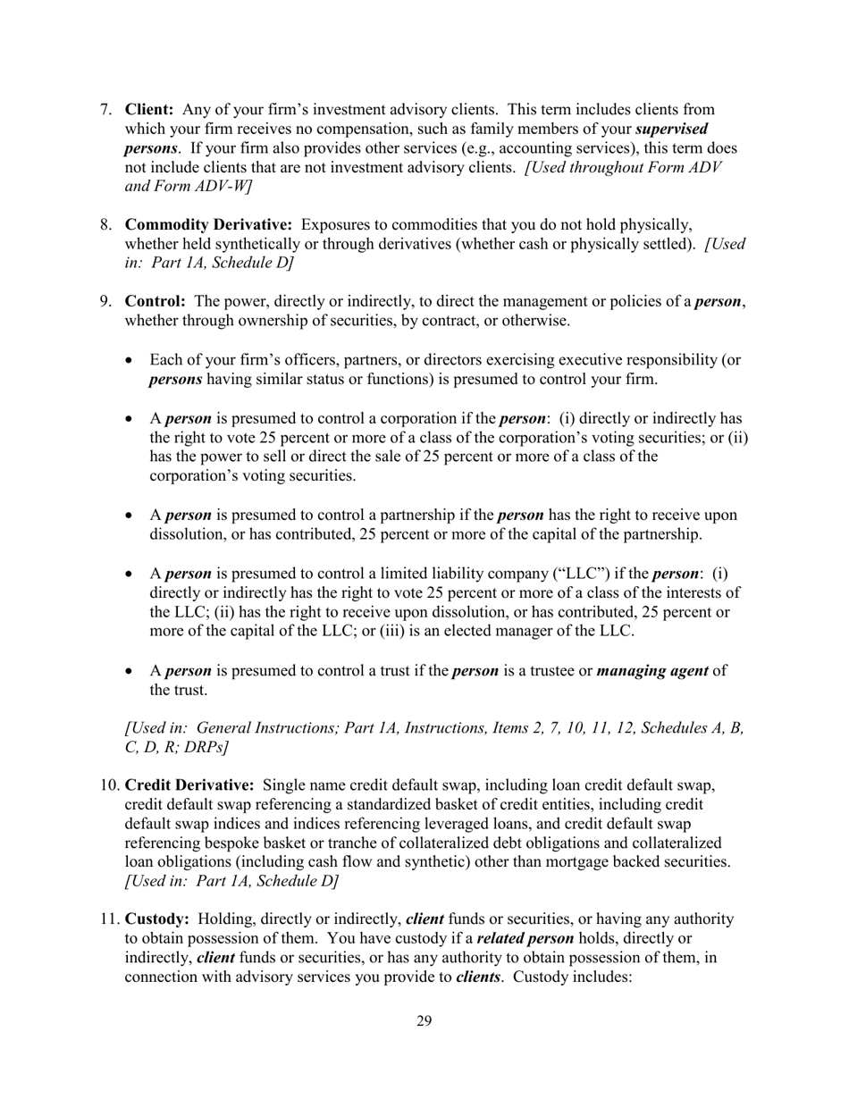 Instructions for SEC Form 1707, ADV Uniform Application for Investment Adviser Registration and Report Form by Exempt Reporting Advisers, Page 29