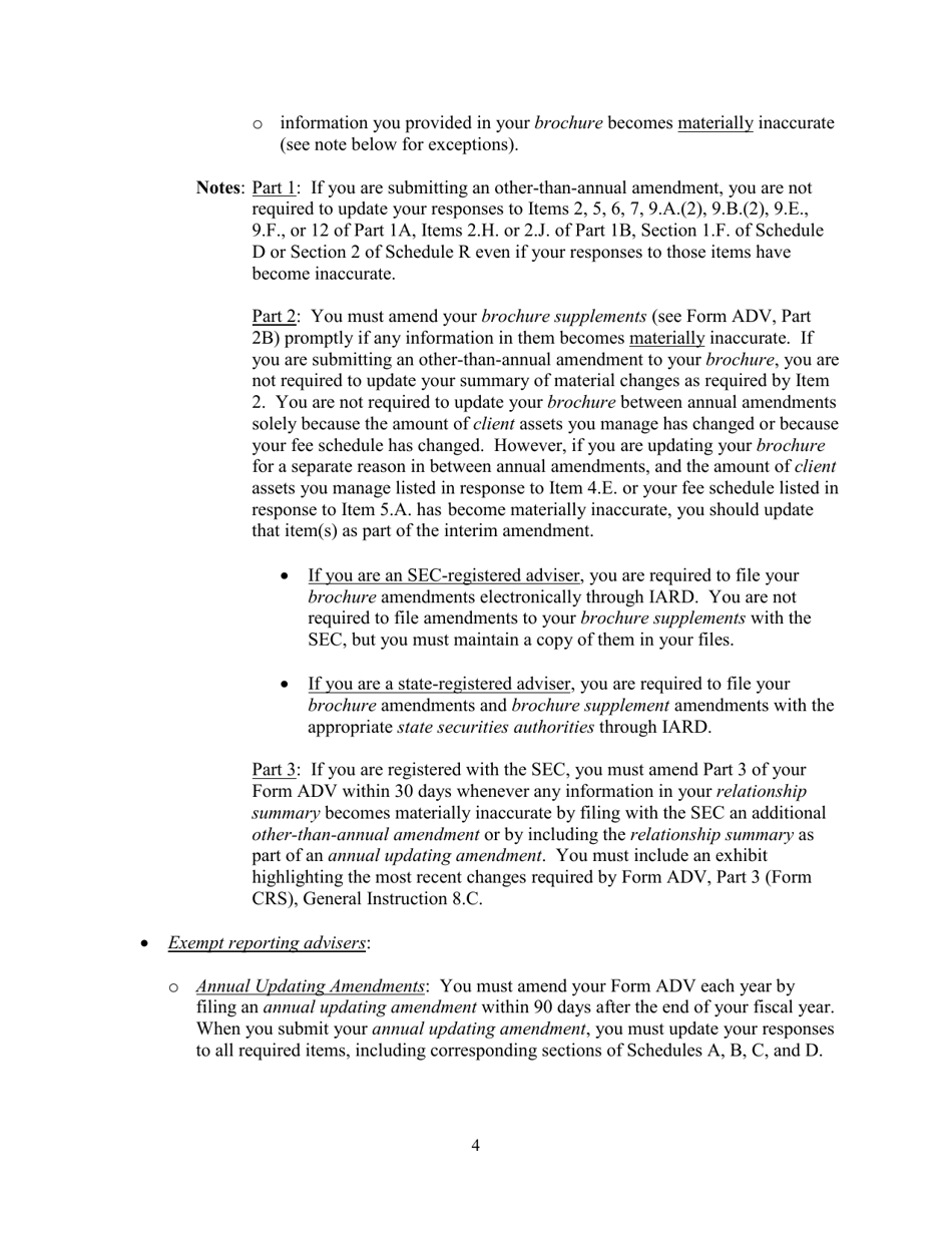 Instructions for SEC Form 1707, ADV Uniform Application for Investment Adviser Registration and Report Form by Exempt Reporting Advisers, Page 4