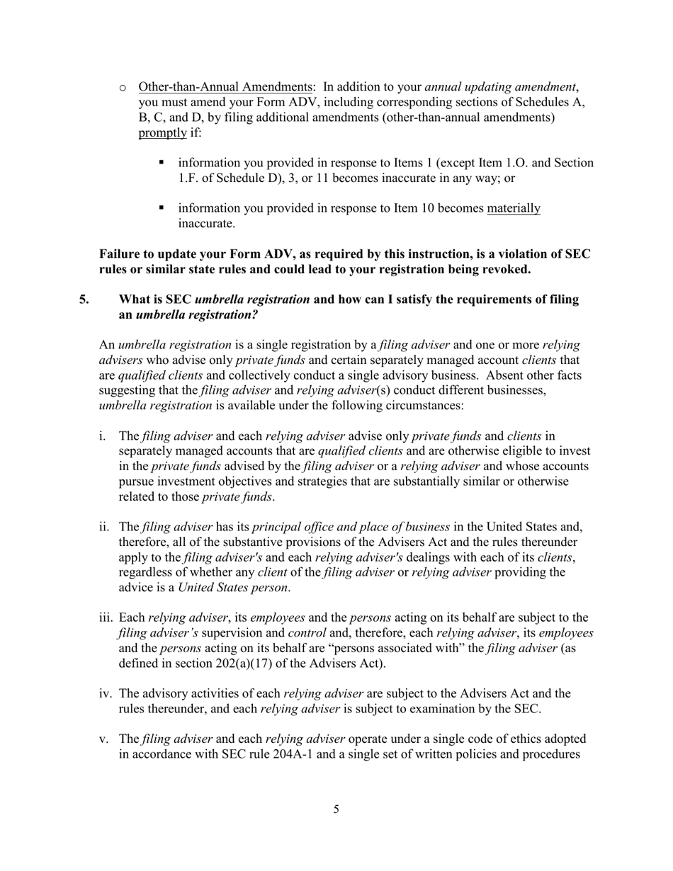 Instructions for SEC Form 1707, ADV Uniform Application for Investment Adviser Registration and Report Form by Exempt Reporting Advisers, Page 5