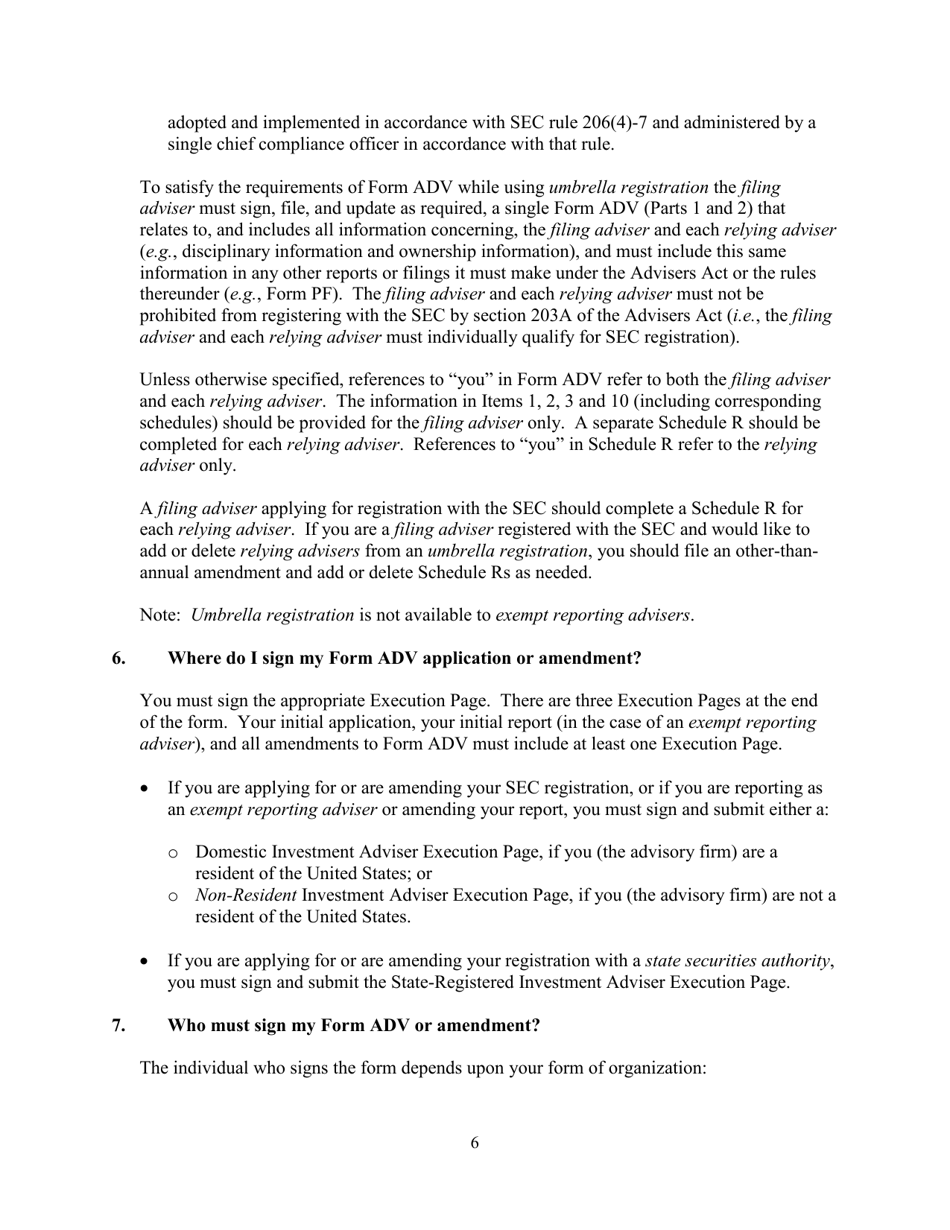Instructions for SEC Form 1707, ADV Uniform Application for Investment Adviser Registration and Report Form by Exempt Reporting Advisers, Page 6