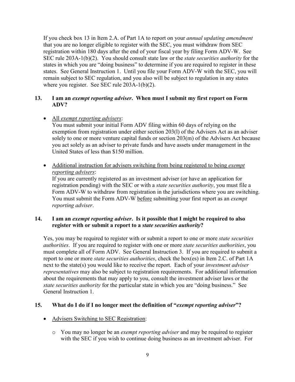Instructions for SEC Form 1707, ADV Uniform Application for Investment Adviser Registration and Report Form by Exempt Reporting Advisers, Page 9