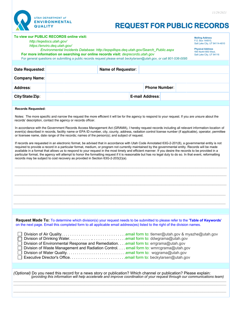 Utah Request for Public Records Fill Out, Sign Online and Download PDF Templateroller