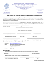 Document preview: Adam Walsh/Child Protective Service (Cps) Background Record Request Form - Massachusetts