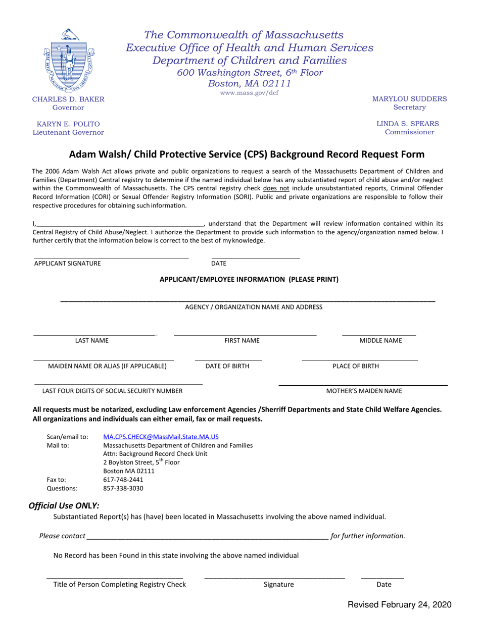 Adam Walsh / Child Protective Service (Cps) Background Record Request Form - Massachusetts, Page 1