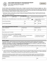 Form SFN433 &quot;Child Abuse and Neglect Background Inquiry&quot; - North Dakota