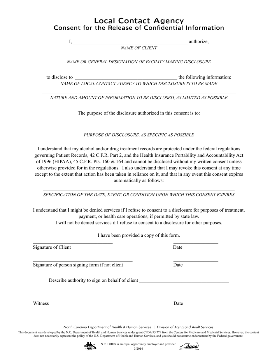 Local Contact Agency Consent for the Release of Confidential Information - North Carolina, Page 1