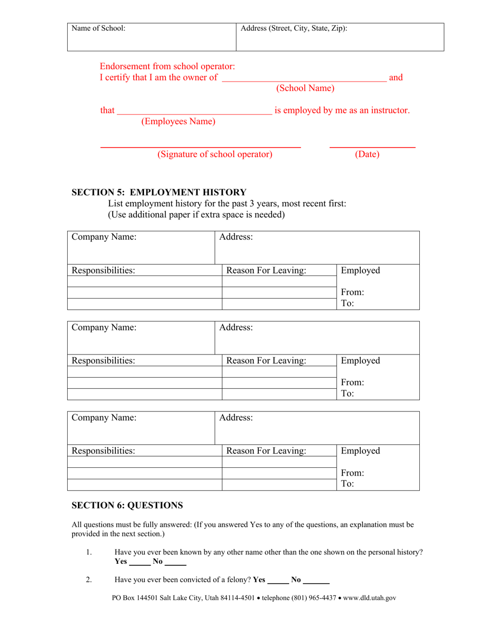 Commercial Driver Training Instructor / Operator Certification Application - Utah, Page 3