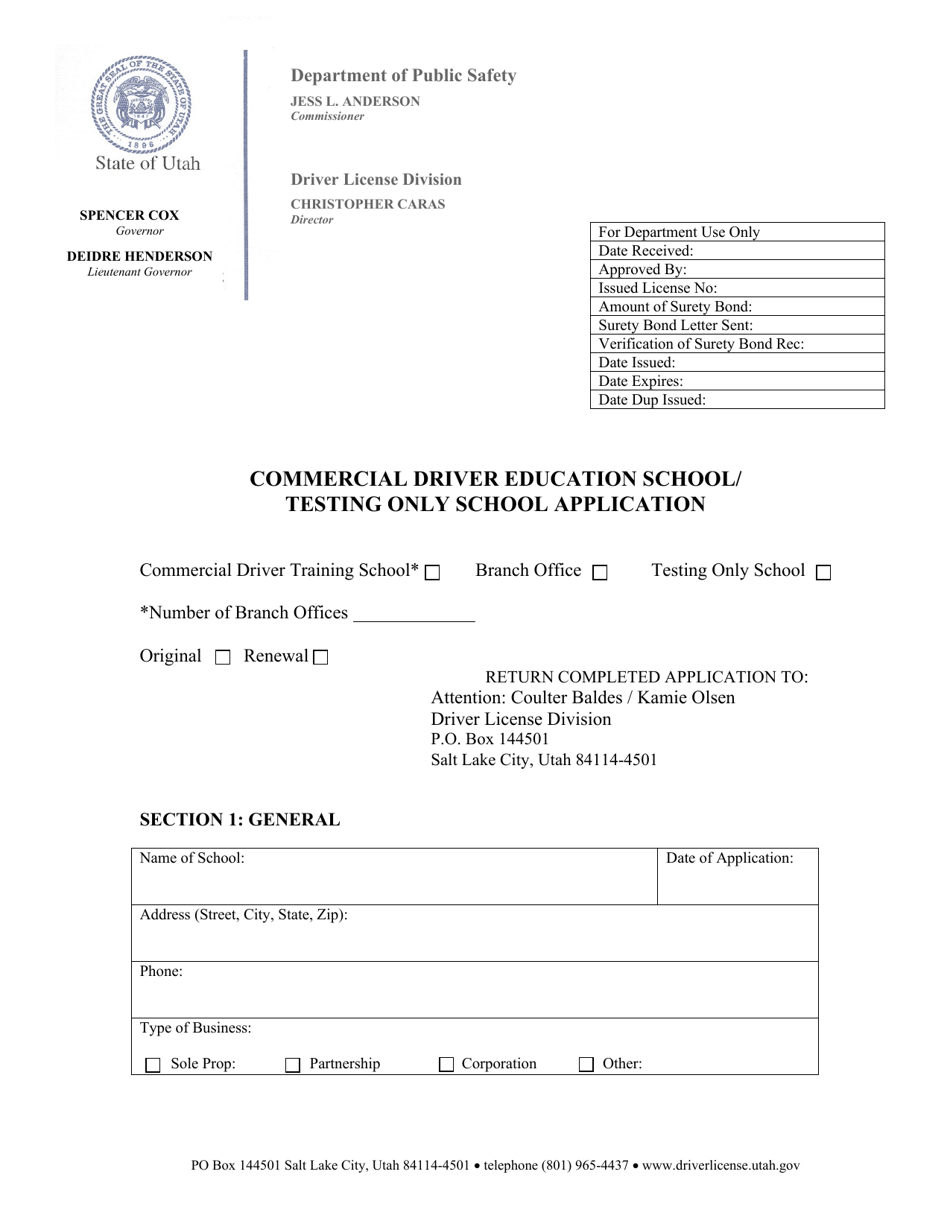 Commercial Driver Education School / Testing Only School Application - Utah, Page 1