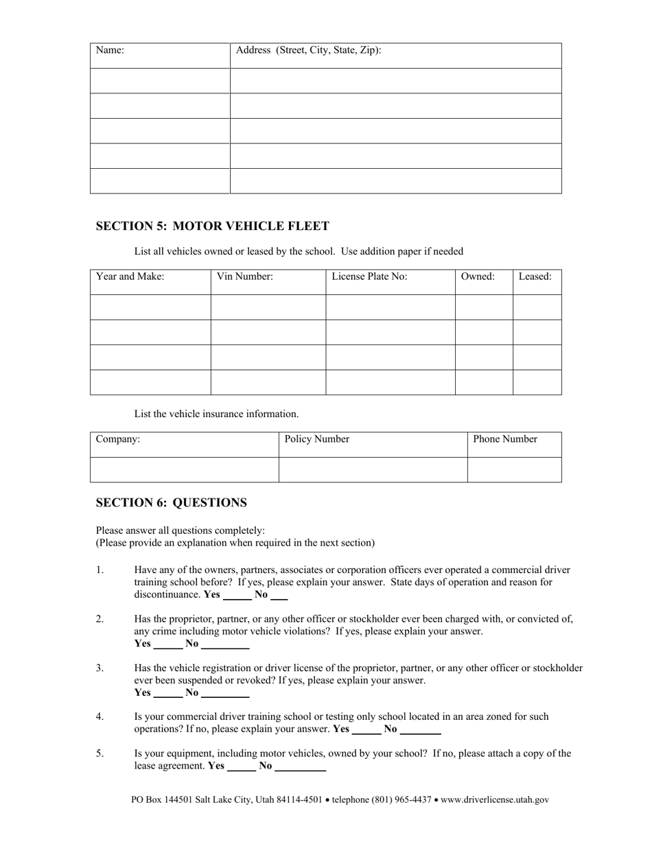 Commercial Driver Education School / Testing Only School Application - Utah, Page 3