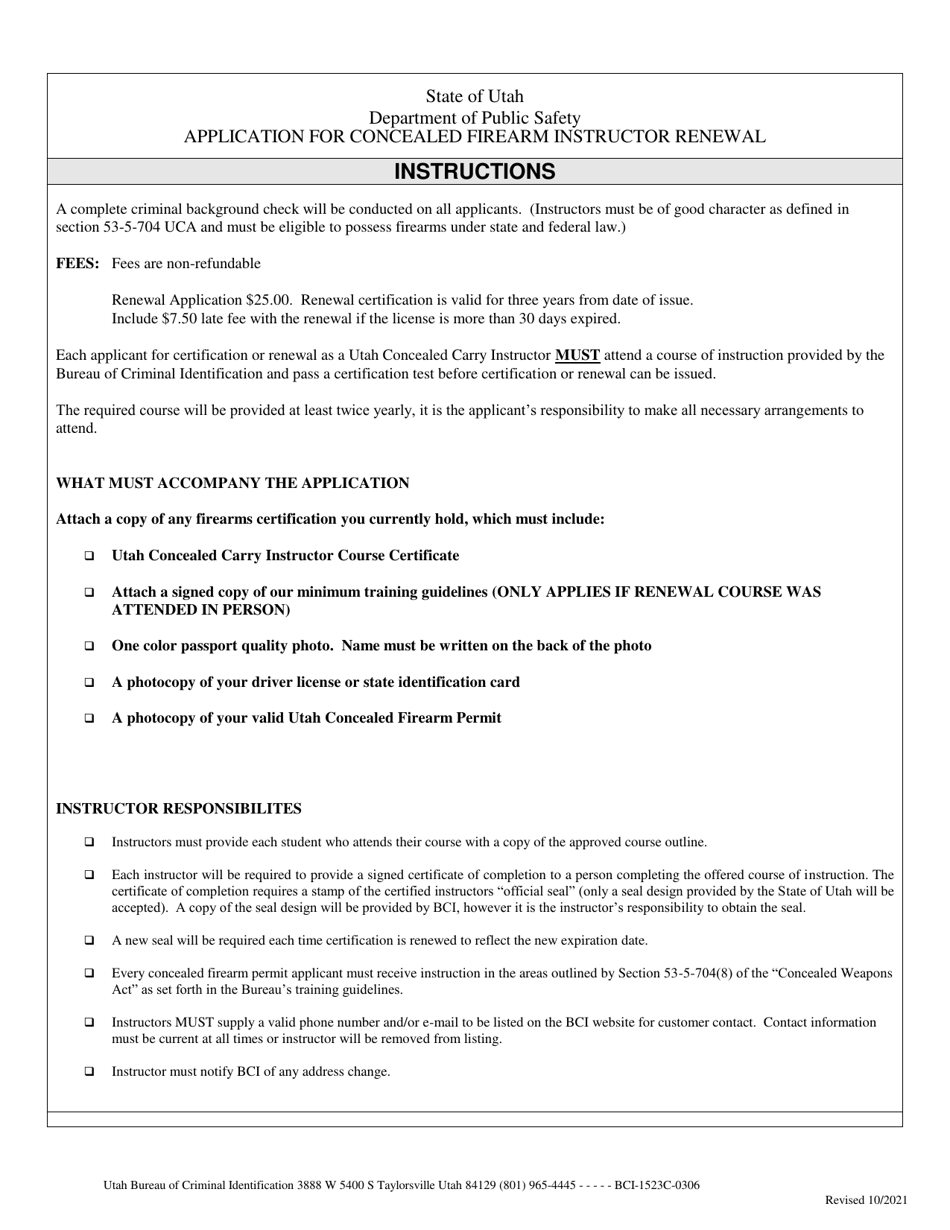 Application for Concealed Firearm Instructor Renewal - Utah, Page 1