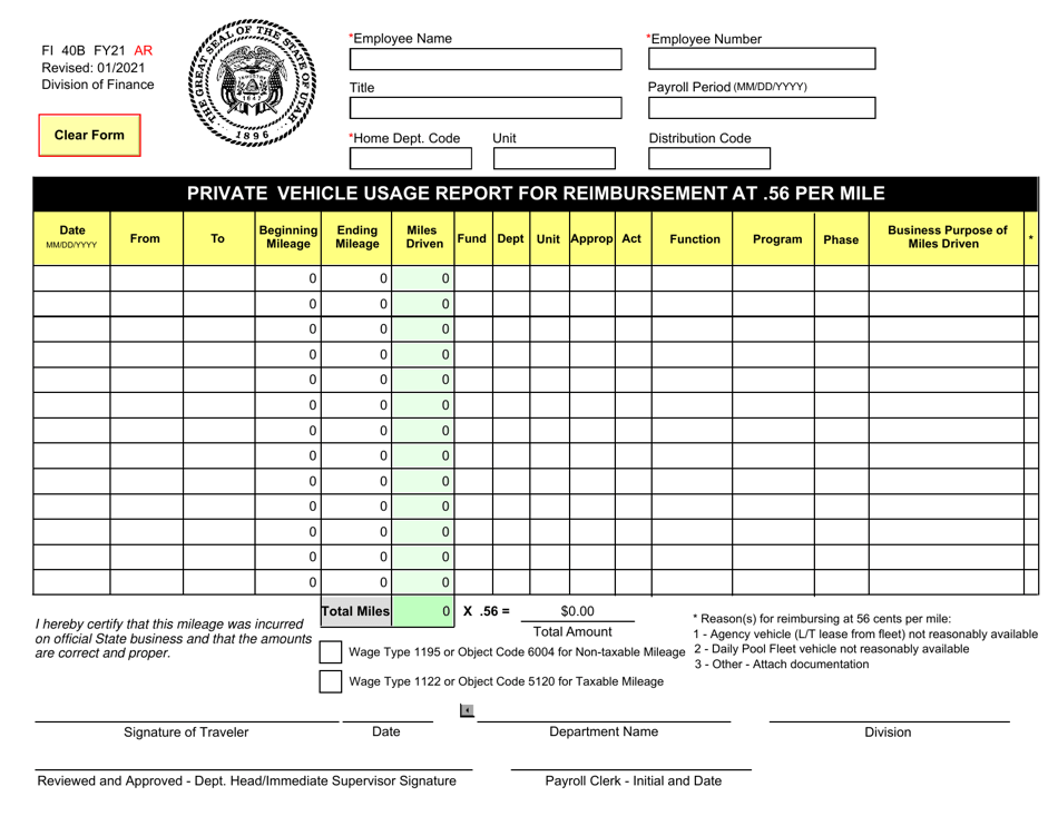 Form FI40B Download Fillable PDF or Fill Online Private Vehicle Usage