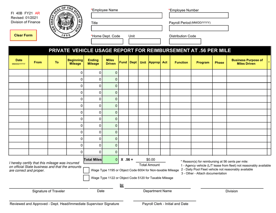 Form FI40B Private Vehicle Usage Report for Reimbursement at .56 Per Mile - Utah, Page 1