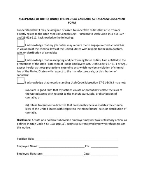 Acceptance of Duties Under the Medical Cannabis Act Acknowledgement Form - Utah Download Pdf