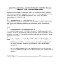 Conditional Job Offer - Acceptance of Duties Under the Medical Cannabis Act Acknowledgement Form - Utah
