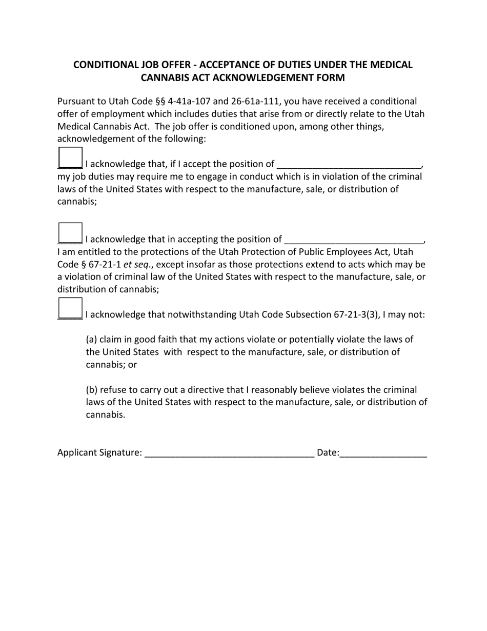 Conditional Job Offer - Acceptance of Duties Under the Medical Cannabis Act Acknowledgement Form - Utah, Page 1