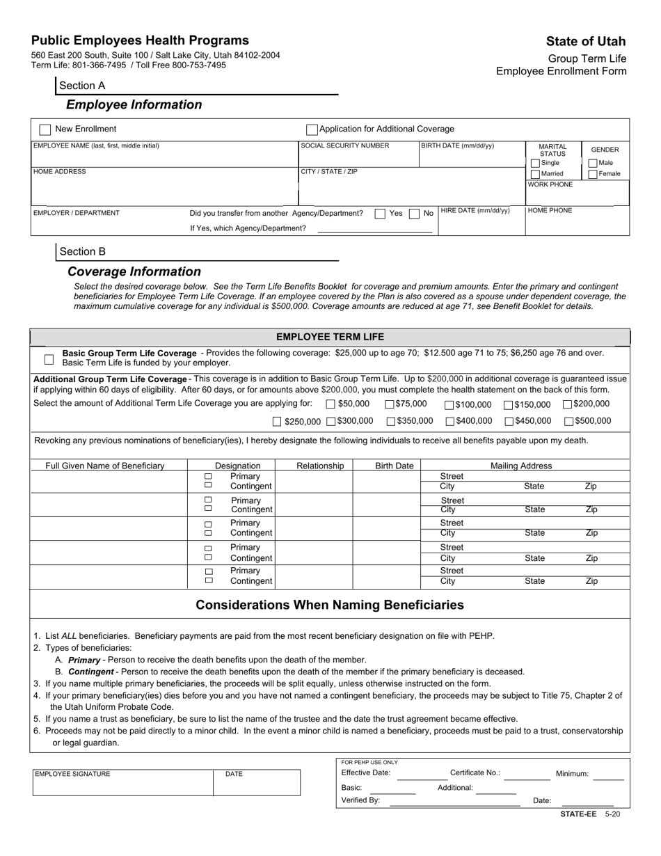 Group Term Life Employee Enrollment Form - Utah, Page 1