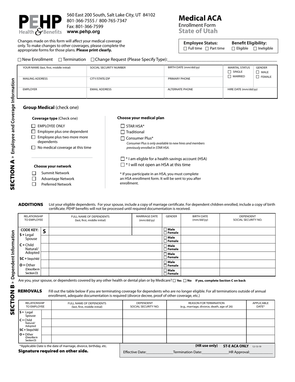 Medical ACA Enrollment Form - Utah, Page 1