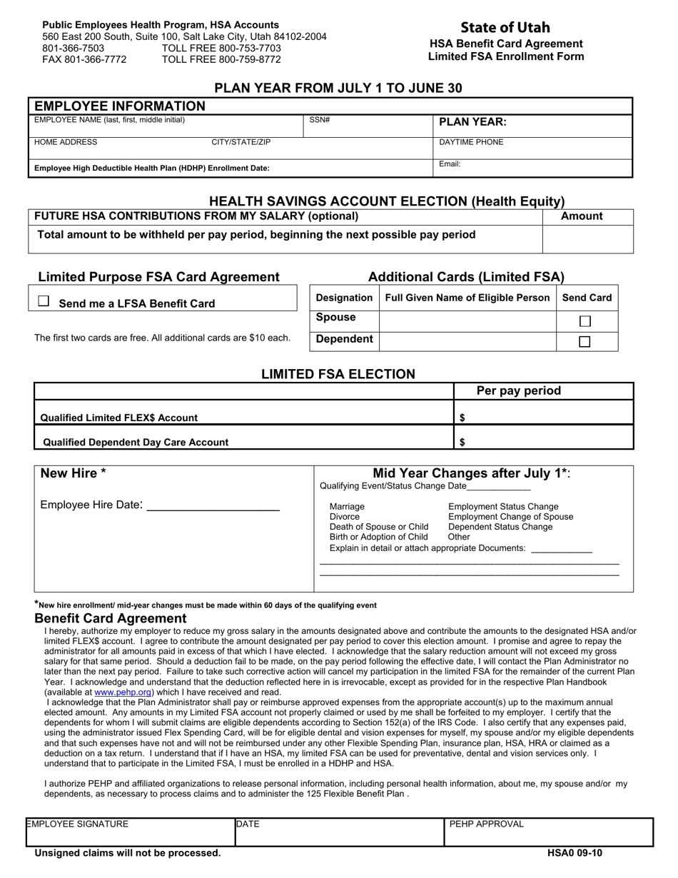 Form HSA0 Hsa Benefit Card Agreement Limited FSA Enrollment Form - Utah, Page 3