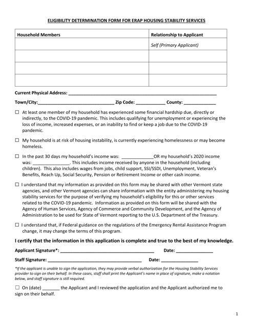 Eligibility Determination Form for Erap Housing Stability Services - Vermont Download Pdf