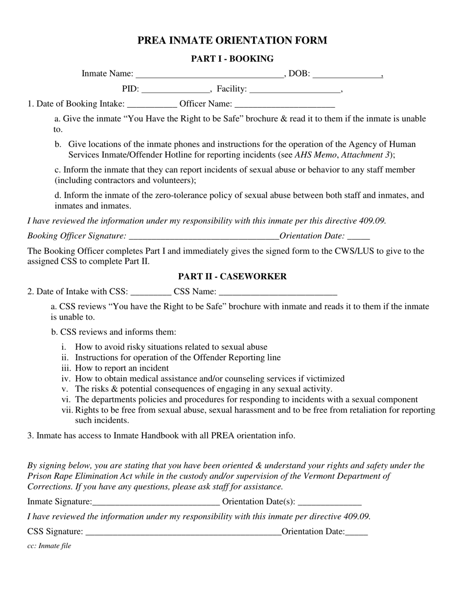 Prea Inmate Orientation Form - Vermont, Page 1