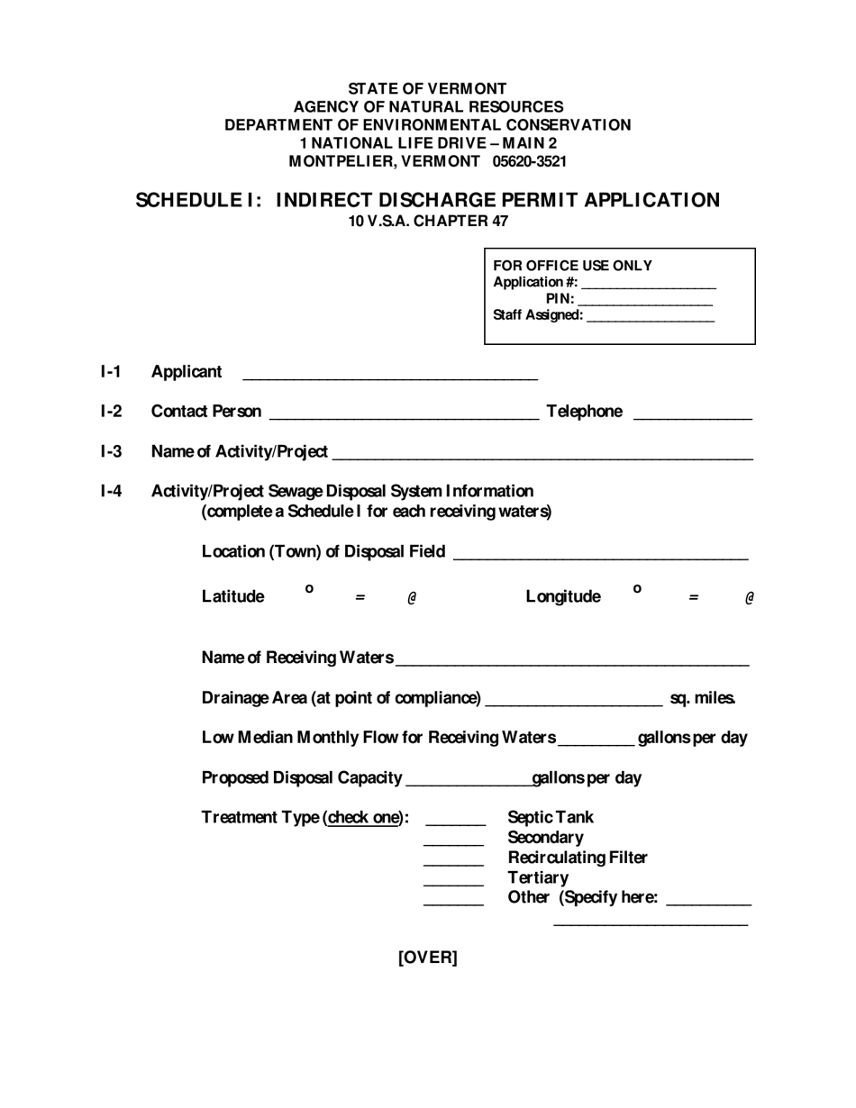 Form WR-82 Schedule I Indirect Discharge Permit Application - Vermont, Page 1