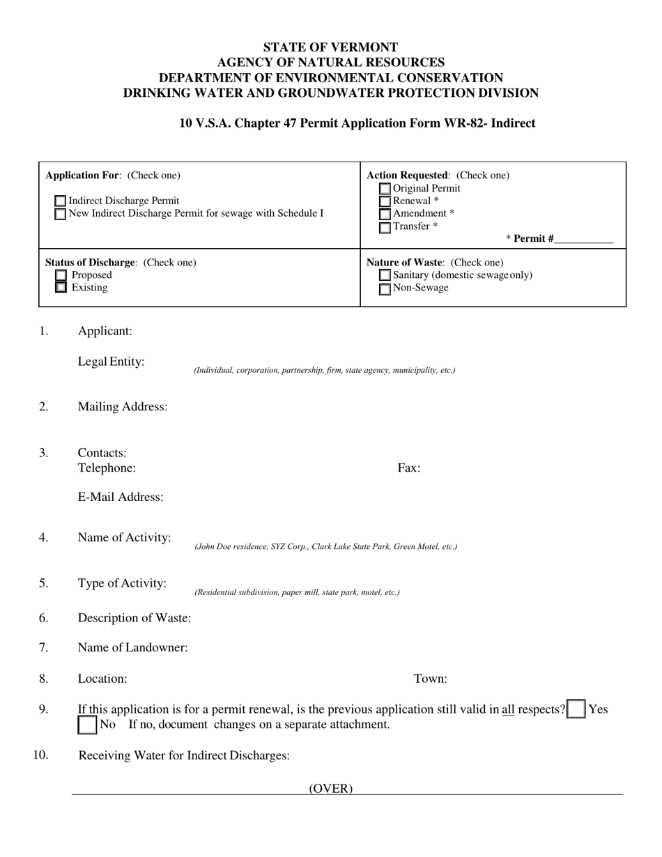 Form WR-82 Indirect Discharge Permit Application Form - Vermont, Page 1